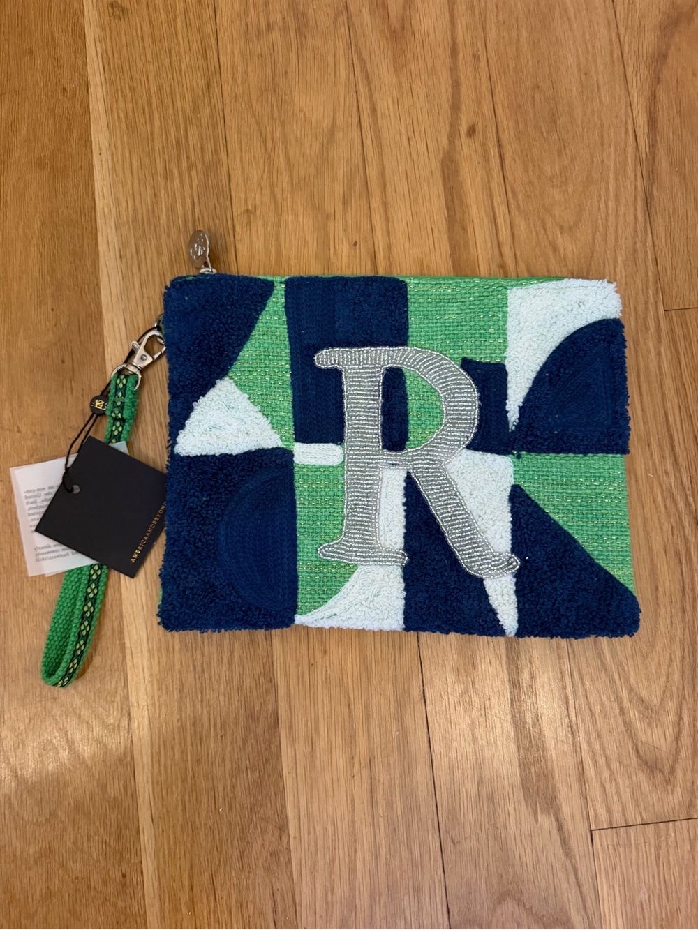American and beyond blue green R wristlet pouch nwt